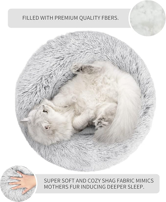 Love's cabin Calming Cat Bed for Indoor Cats, Anti-Anxiety Donut Round Dog Bed, Fluffy Faux Fur Washable Pet Bed for Small Medium Dogs and Cats,Grey,20in