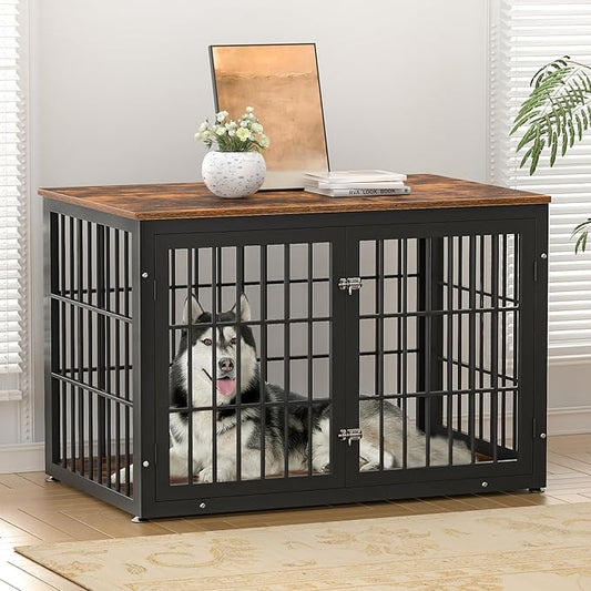 48 Inch Rustic Heavy Duty Dog Crate Furniture for Extra Large Dogs, Decorative Pet House End Table, Wooden Cage Kennel Furniture Indoor, Black and Brown