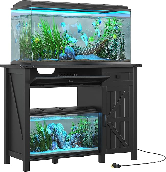 40 Gallon Fish Tank Stand with Power Outlets, Farmhouse Decorative Aquarium Stand Furniture with Adjustable Shelves and Drawer, Reptile Turtle Tank Stand with Cabinet Storage (Black, 30-40GL)