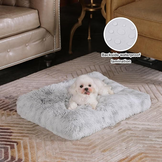 Bedfolks Waterproof Crate Bed, Plush Dog & Cat Bed with Removable Washable Cover, Faux Fur Kennel Pad, 21"x13", Grey