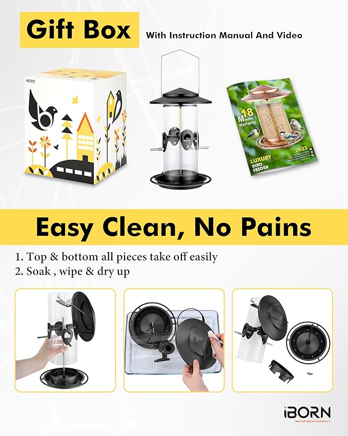 iBorn Metal Bird Feeder for Outside Hanging,Wild Bird Feeders for Cardinal,18cm Large Roof&Tray Black 10 Port(Seed is not Included)