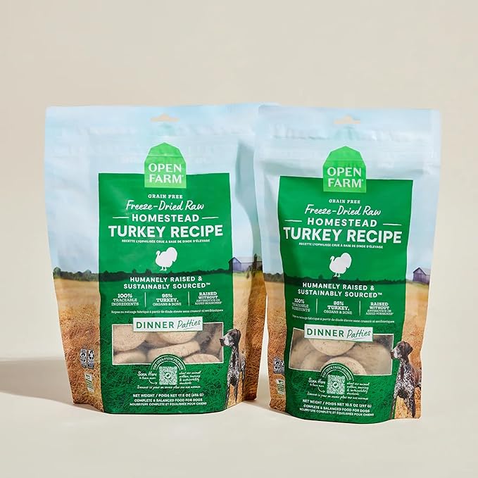 Open Farm, Freeze Dried Raw Dog Food, Patties with 95% Meat, Organs & Bone, Complete Meal or Freeze Dried Dog Food Mixer, Turkey Recipe, 17.5oz Bag