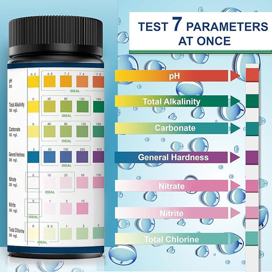 Aquarium Test Strips, 7-Way Aquarium Test Kit for Freshwater Saltwater,50 Strips Quick and Accurate Fish Tank Pond Test Strips,Test Nitrate, Nitrite, Chlorine,Hardness,Alkalinity, Carbonate, Ph