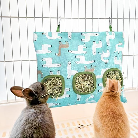 Lesnala 2pcs Bunny hay Feeder Hanging Guinea Pig Food Bag Large Capacity Cotton Canvas Fabric for Rabbits Chinchillas Hamsters and Other Small Pets 3 Holes 2 Styles
