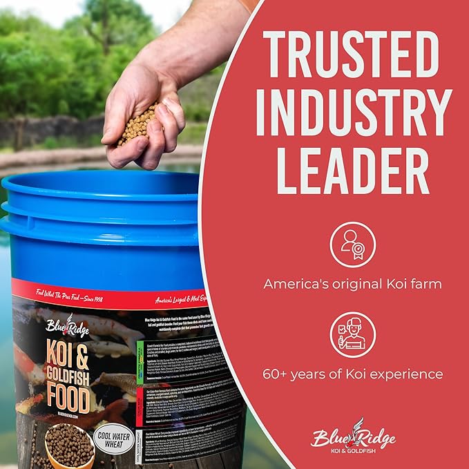 Blue Ridge Koi Fish Food 14lb Bucket - Cool Water Wheat 3/16", Fall and Winter Floating Pond Pellets, Ponds Fish Food