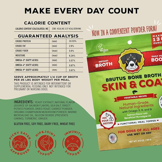 Brutus Broth Skin and Coat Meal Toppers for Dogs Mega Pack (Salmon Flavor) - Vegetable Broth Powder with Omegas 3, 6 & 9 - Dog Food Toppers for Dry Food - Makes 130oz of Liquid Bone Broth
