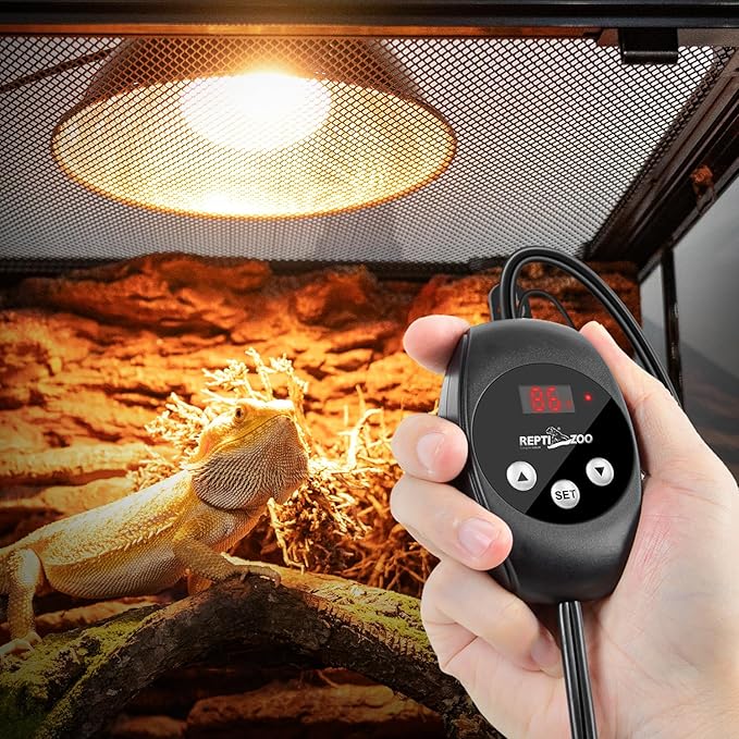 REPTI ZOO Reptile Light Fixture Dimming Thermostat Combo Pack, 8.5 Inch Deep Dome Lamp Fixture Max 150W, PID Reptile Thermostat Temperature Controller for Reptile Heat Lamp Bulb