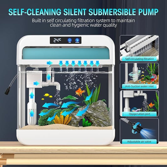 Fish Tank 2.2 Gallon Aquarium Tank Kit,with 3 Color Auto-Looping Light,Fish Bowl with Humidifier Pump,Fish Tank Small Aquarium,Temperature Display, Humidifier Function for Aquariums Starter Kits