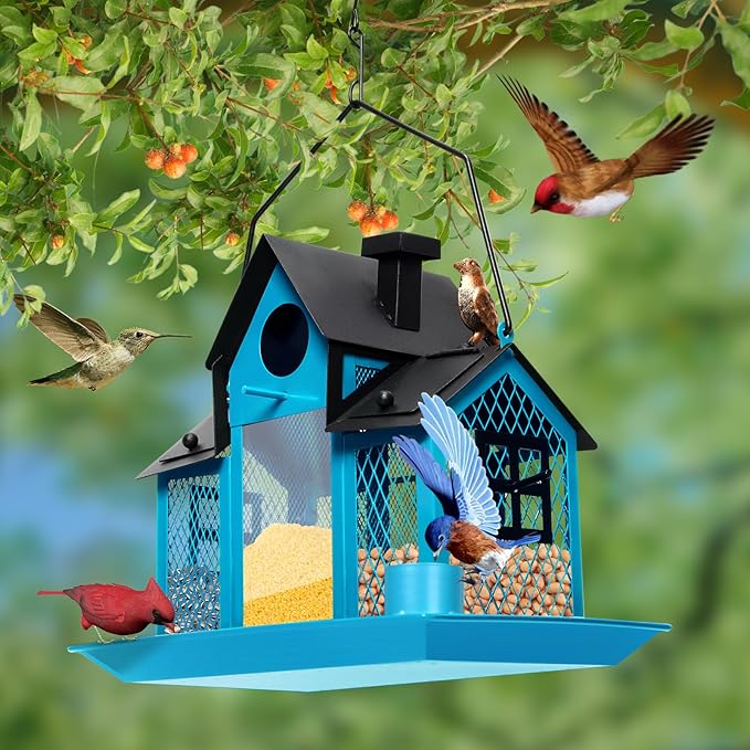 Solar Bird Feeders House for Outdoors Hanging, 7LBS Large Capacity Metal Wild Bird Feeder Squirrel Proof for Outside with Water Cup, Cardinal Birdfeeder Birdhouses Gift for Bird Lovers (Blue)