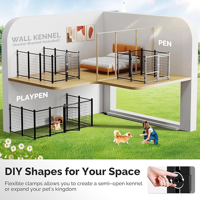 Sino Luban Outdoor Dog Kennel Outside Run with Doggy Door&Waterproof Roof - 4x4x4.5FT Large Dog Kennels Pens Outside for Small/Medium Dogs - Heavy Duty Cage Yard (Can Connect to Your Dog House)