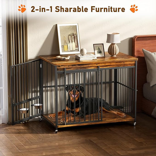 Dog Crate Furniture, 47’’ Wooden Dog Kennel Indoor with Sliding Front Door, Multi-Side Openings & Feeding Window Pet Cage House as TV Stand, End Table