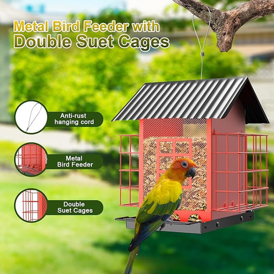 Bird Feeders for Outdoors Hanging, Metal Bird Feeder with Double Suet Cage Cake, Large Capacity, Birdfeeders Sturdy & Weatherproof, Easy to Clean & Refill, Great for Attracting Wild Birds