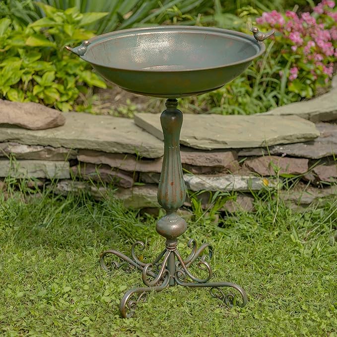 Zaer Ltd. Ornate Pedestal Style Birdbath with Cast Iron Birds on Rim (Bronze)