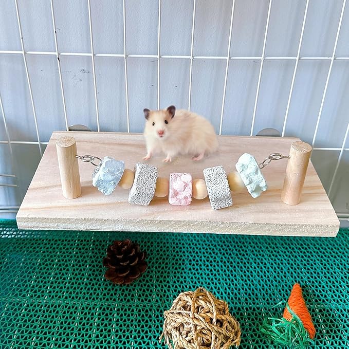 Hamster Wood Ledge Platform with Lava Stone Block Chew Toys Pet Cage Resting Wooden Shelf for Chinchilla Guinea Pig Gerbil Mouse Dwarf Hamster Cage Accessories