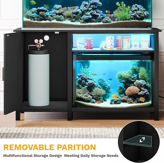 DWVO Aquarium Stand for 55-75 Gallon Fish Tank with Additional 20 Gallon Space and LED Lights, Fish Tank Stand with Adjustable Dividers and Power Outlets, Suitable for Turtle Tank Terrarium, Black