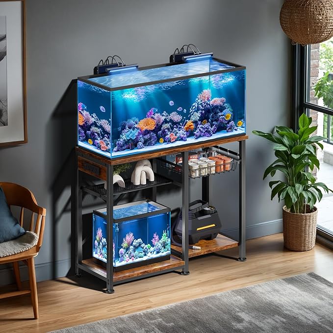 20-29 Gallon Aquarium Stand with 6 ft Power Strip, 5-Tier Metal Frame Fish Tank Stand 20 Gallon Fish Tank Stand 31.5" L*15.75" W Tabletop 400lbs Capacity (Vintage Brown, 20-29 Gallon)
