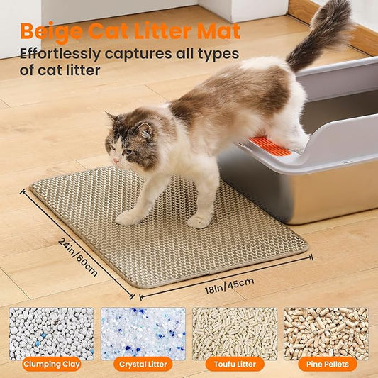 Cat Litter Mat, 24x18 Inches Large Double Layer Honeycomb Cat Litter Trapping Mat, Non Slip Waterproof Urine Proof Cat Litter Box Mat for Floor, Kitty Litter Rug, Cat Supplies, Beige