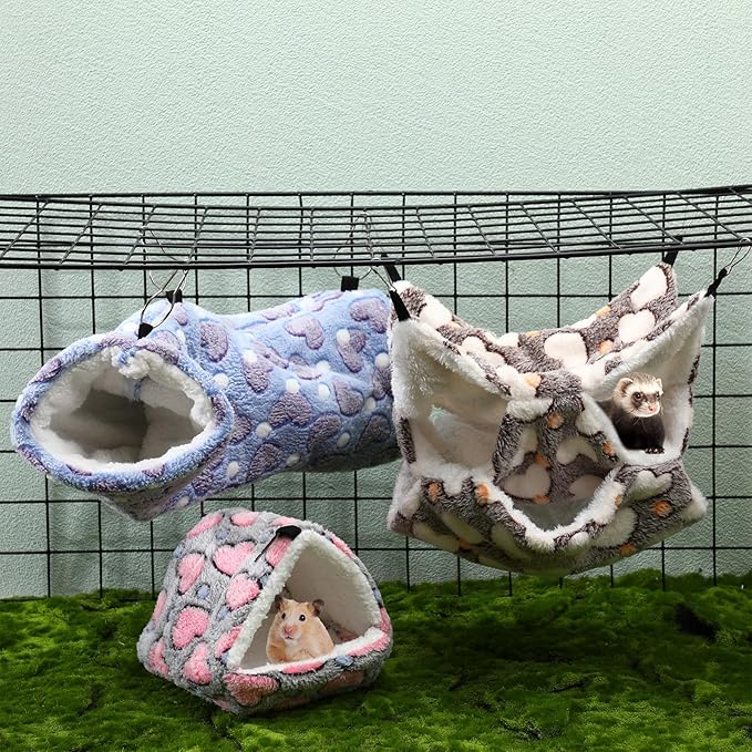 Abbylike 9 Pieces Rat Hammock 3 Tier Guinea Pig Ferret Hammocks Small Pet Hanging Tunnel Glider Toy Guinea Pig Ferret Hideout Bed Cage Accessories for Hamster(Purple, Brown, Gray,Heart)