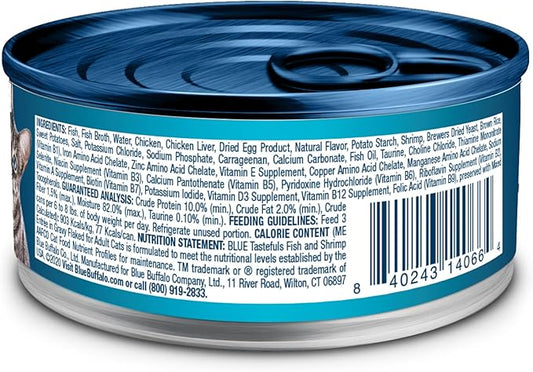 Blue Buffalo Tastefuls Flaked Wet Cat Food, Made with Natural Ingredients, Fish & Shrimp, 3-oz Cans (24 Count)