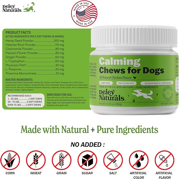 Deley Naturals Calming Chews for Dogs - Anxiety Relief Treats - Hemp Chews for Separation, Travel & Vet Visit - Dog Calming Chews and Relaxation Bites for Fireworks, Thunderstorms & Restless Behavior