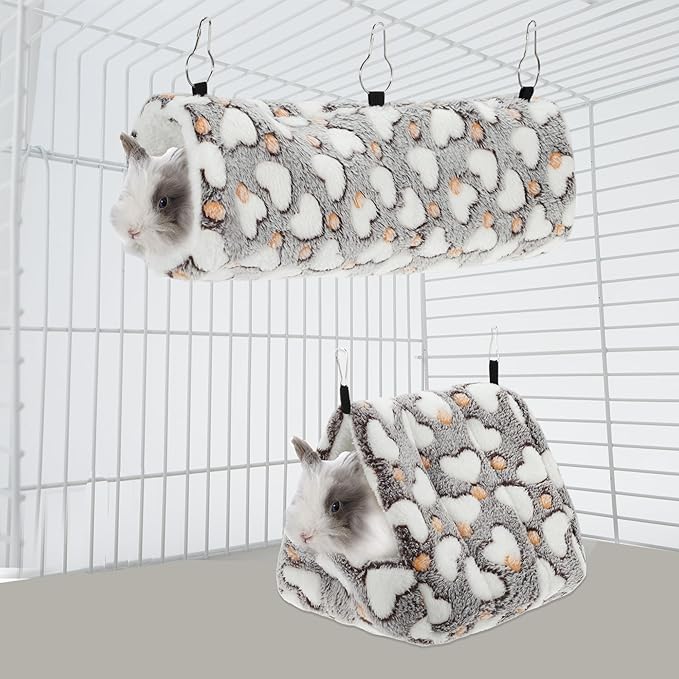 Ferret Hammock, Small Pet Cage Accessories, Ferret Bed, Pet Cage Hammock Hanging Tunnel and Bed Hideout Set for Hamster Squirrel Rabbit, Brown, 3Pcs