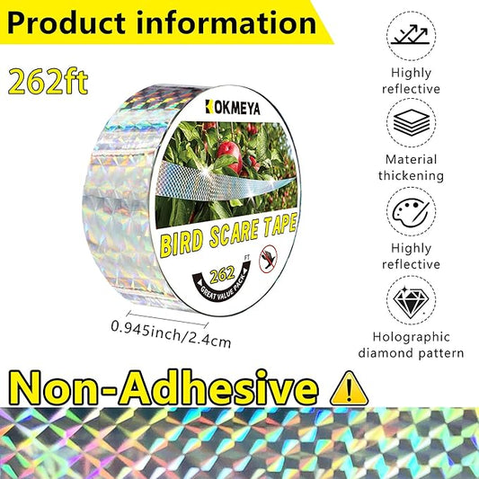 Bird Scare Reflective Tape, 262 Feet per Roll, Double-Sided Reflective, for Repelling Sparrows and Woodpeckers, Suitable for Outdoor Use in Homes, Gardens, Farms, Orchards,Outdoor