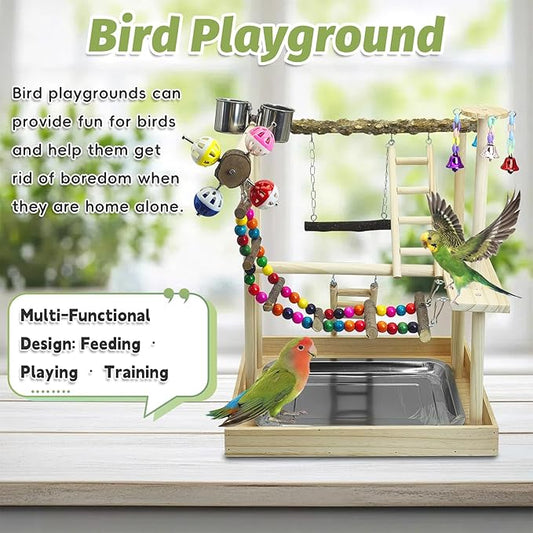 PINVNBY Bird Playground Parrot Perch Stand Play Gym Cockatiel Wood Bird Toys Birds Cage Accessories Playpen Ladder with Feeder Cups Hanging Swing Toys for Parakeet Conure Lovebird Cockatiel