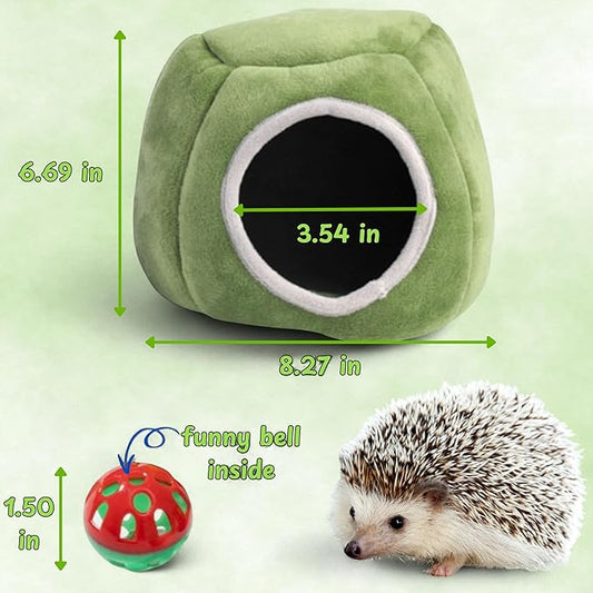 Hedgehog Hideout Nest with Bell Ball Toy, Cave Bed Nest Hedgehog Hideout, Guinea Pig Bed, Small Animals Warm House Cage Supplies, Hedgehogs Accessories, Hamster Cage Accessories (Green Hide)
