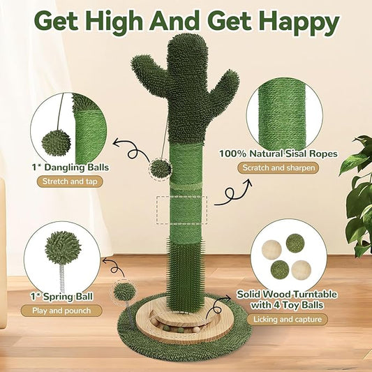 OTOB 36" Tall Cat Scratching Post, Natural Sisal Rope Cactus Cat Scratch Post, Vertical 6-in-1 Interactive Turntable Cat Scratcher Post with Soft Ball Toys, Protect Your Furniture for All Indoor Cats