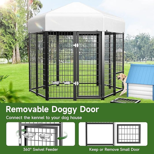 Sino Luban Outdoor Dog Kennel Outside Run with Doggy Door, Swivel Feeder&Roof - 7x7x6.5FT Large Dog Kennels Pens Outside for Large/Multiple Dogs - Heavy Duty Cage(Can Connect to Your Dog House)