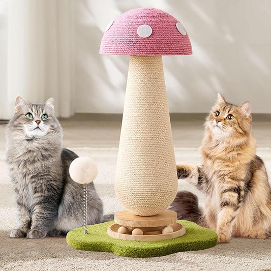 Mushroom Cat Scratching Post Cat Tree, 21.5‘’ H Cute Cat Scratcher Tower with Durable Solid Wood Turntable Toy, Baby Pink Mushroom Scratch Post Cat Sisal Scratcher with Catnip for Indoor Adult Cats