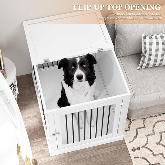 Dog Crate Furniture with Cushion, Dog Crate End Table Large, Indoor Dog Kennel, Dog House, Dog Cages for Large Dogs, Furniture Style Dog Crate with Flip-top, Chew-Proof Metal Bars, White
