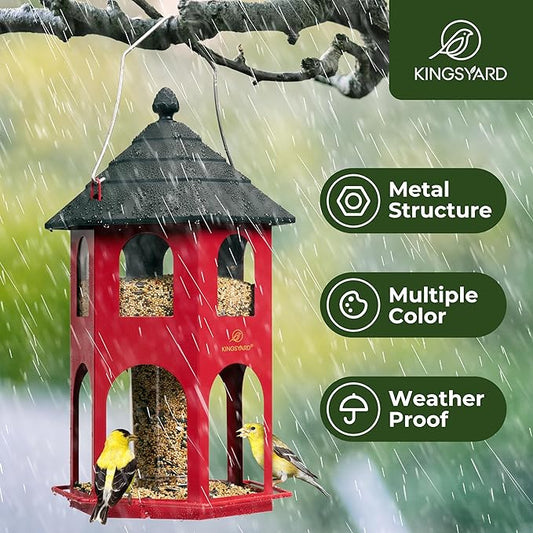 Kingsyard Metal Bird Feeder for Outdoor Hanging, Wild Bird Feeders with Circular Perch, Easy to Clean & Refill, 4 lbs Large Seed Capacity, Red