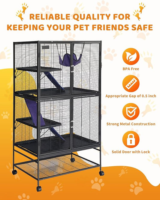 Garvee Small Animal Cage, 64 ''H Deluxe Ferret Cage - 4 Tier Large Chinchilla Cage with Removable Ramp, Hammock, Extra Storage Stand,Removable Tray for Ferret, Chinchilla, Guinea Pig,Hamster
