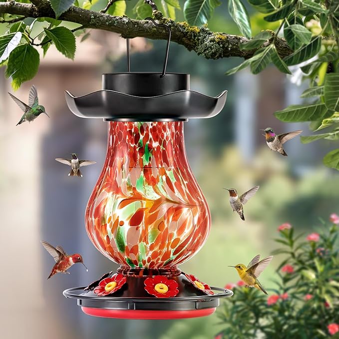 Solar Hummingbird Feeder for Outdoor - 25 fl.oz Hand Blown Glass Hummingbird Feeders for Outdoors Hanging, Large Capacity with Moat, 6 Colors Changing Light Outside Garden Decor (Red)