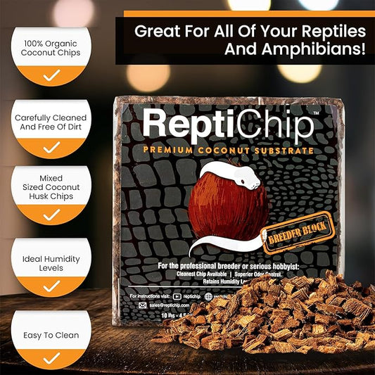 ReptiChip Reptile Substrate Coconut Chip Bedding 72 Quart Compressed Organic Coco Husk Block for Snake Habitat, Ball Python Terrarium, Turtle Tanks, Tortoise Enclosure (10 Pk)