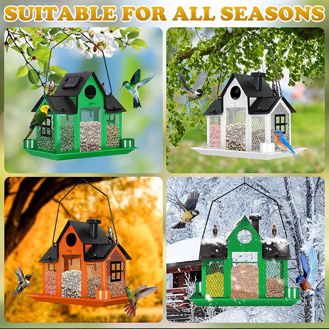 Solar Bird Feeders House for Outside Hanging, Metal Wild Bird Feeder for Outdoors Large Capacity Cardinal Birdfeeder Birdhouses Metal Bird Feeding Station Orange