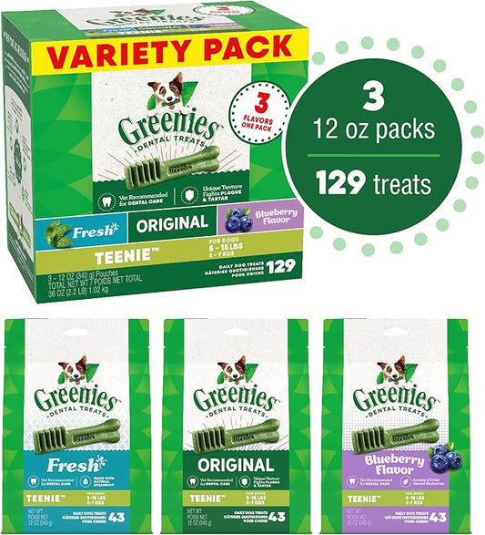 Greenies Teenie Dental Dog Treats 3-Flavor Variety Pack, (3) 12 oz. Pouches, 129 Total Treats