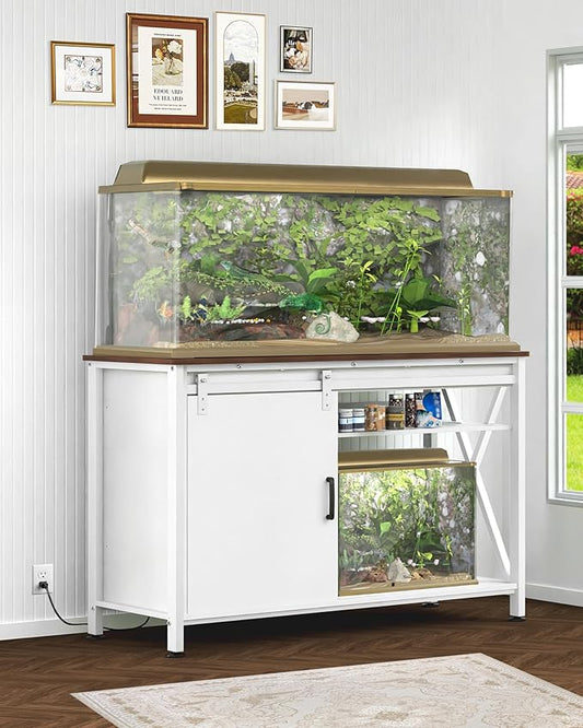 Aquarium Stand for Fish Tank: 55-75 Gallon Fish Tank Stand with Sliding Door - Heavy Duty Metal Aquarium Table with Power Outlet - 2-Tier Breeder Reptile Terrarium Stand for Home & Office(White)