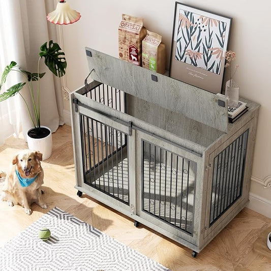 IchbinGo Large Dog Crate Furniture, 47" Wooden Dog Kennel with Sliding Barn Door, Flip-Top Lid & Wheels, Indoor Pet Crate Table with Detachable Divider for Small/Medium/Large Dogs (Rustic Grey)