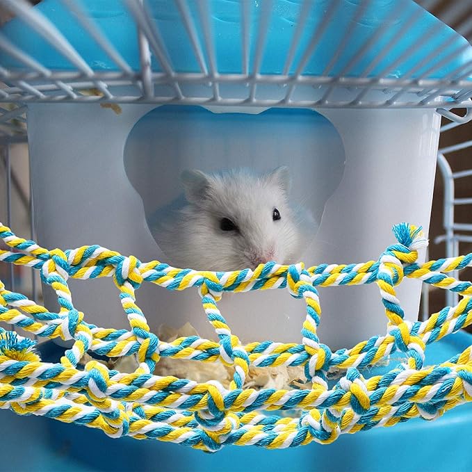 2 Pieces Rat Cage Accessories Rat Toys Climbing Bird Rope Net Pet Hanging Hammock for Hamster, Mice, Parrot, Bird, Sugar Glider Habitat Decor and Play(11 x 7.8 Inch,Red, Yellow)