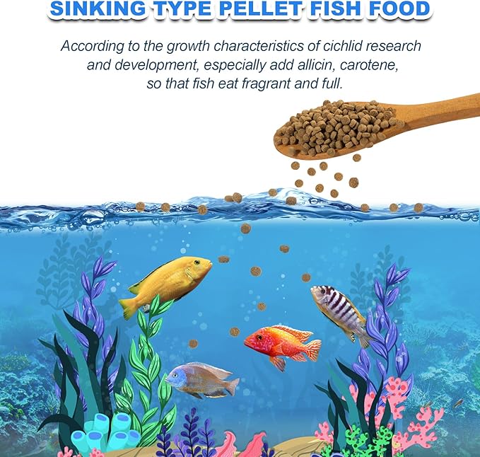Cichlid Fish Food - High Protein Sinking Pellets for Large Cichlids,Tropical FishNatural Color Enhancer,Growth Support & Cleaner Water (10oz)