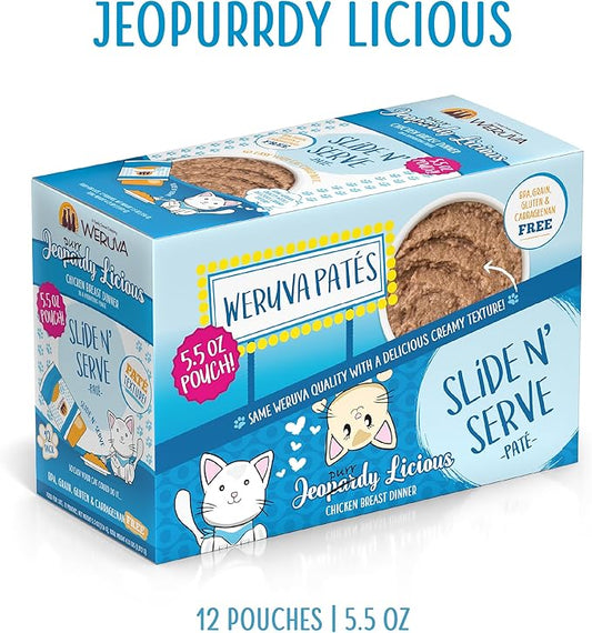Weruva Wet Cat Food, Jeopurrdy Licious with Chicken Pate, 5.5oz Slide N Serve Pouch, Pack of 12