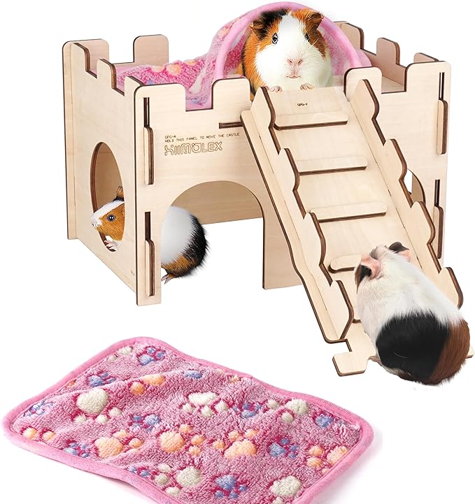 HIIMALEX Sturdy Guinea Pig Hideout with Ramp and Plush Bedding Wooden Castle for Guinea Pig Chinchilla Hedgehog Gerbil Hamster Rat House Habitat for Playing and Hiding