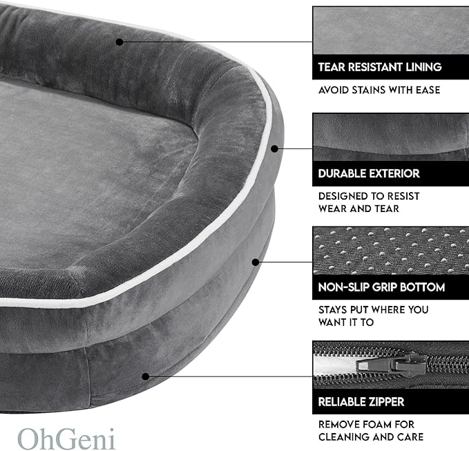 OhGeni Orthopedic Jumbo Dog Couch Pet Sofa XXL Sized Cat Beds with Comfort Foam Support, Soft Comfortable Fabric, Machine Washable Waterproof Removable Cover, 48-Inch (Gray)