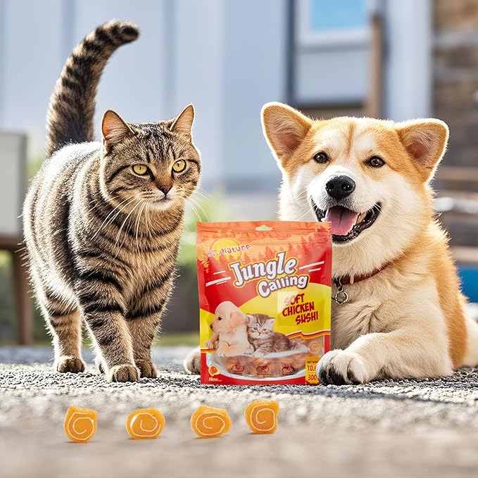 Jungle Calling Soft Chicken & Codfish Cat & Dog Treats, High Protein Pet Snacks for Small & Medium Dogs & Cats, Chewy Chicken Sushi Dog Training Treats, 10.6 oz