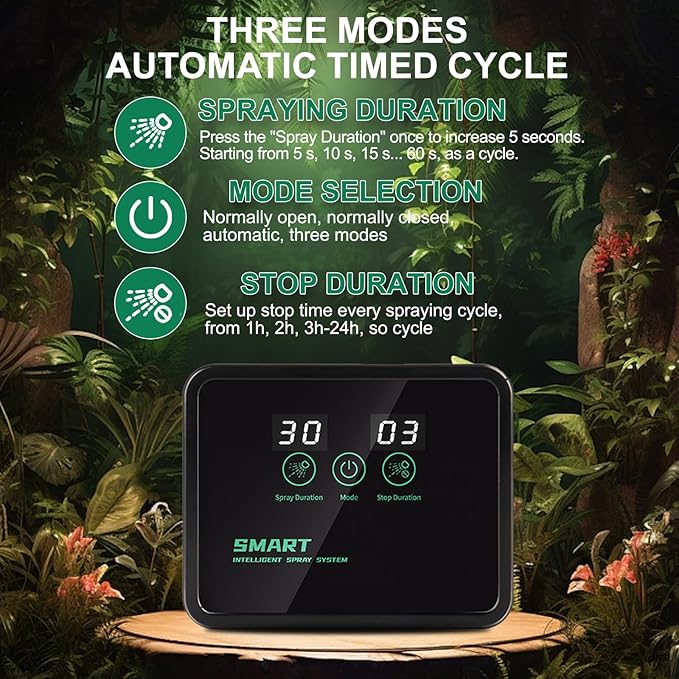 Reptile Humidifiers Smart Misting System for Herps Terrariums, Reptile Mister Automatic with Timer, 360° Adjustable Misting Nozzles for Chameleons, Snake, Frog, Turtle, Lizard
