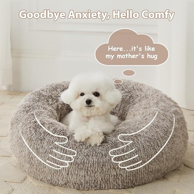 WNPETHOME Calming Dog Bed & Cat Bed, Anti-Anxiety Donut Small Dog Bed, Fluffy Faux Fur Cats Cushion Puppy Bed for Small Pets and Cats (24 x 24 inch, Light Coffee)