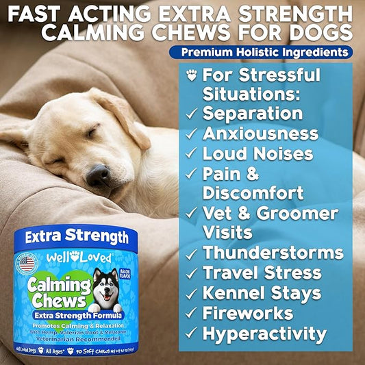 Calming Chews for Dogs - Dog Calm Treats, Made in USA, Vet Recommended, Behavior Support with Melatonin & Hemp, Stress, Separation, Fireworks, Travel, Extra Strength