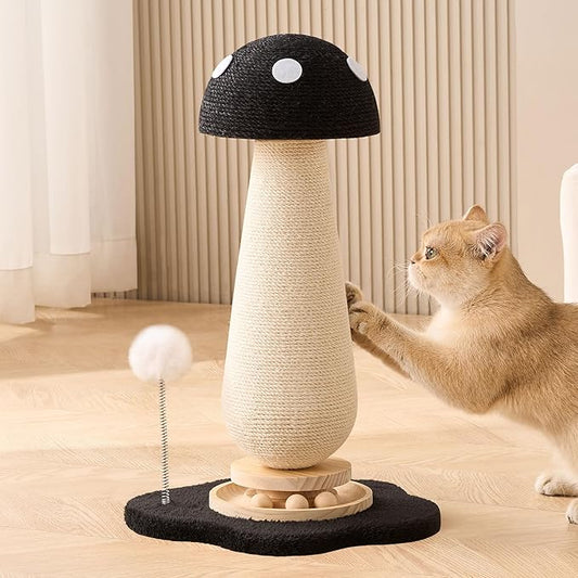 Mushroom Cat Scratching Post Cat Tree, 21.5‘’ H Cute Cat Scratcher Tower with Durable Solid Wood Turntable Toy, Solid Black Mushroom Scratch Post Cat Sisal Scratcher with Catnip for Indoor Cats